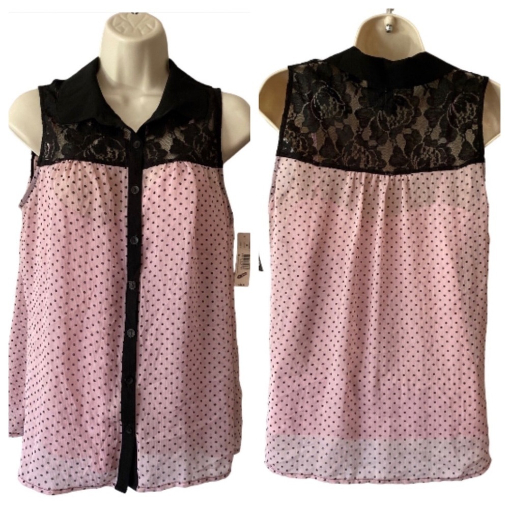 New Directions Blouse Womens M Pink Black Polka Dot Lace Twofer Romantic Layered